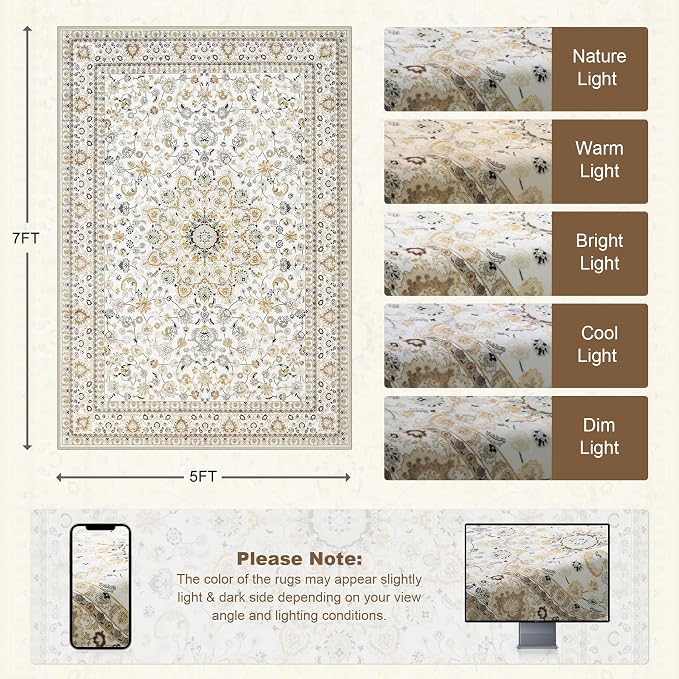 5x7 Area Rugs Living Room: Washable Vintage Rug for Bedroom Beige | Boho No Slip Stain Resistant Rug Soft Indoor Decor Floor Floral 5x7 Area Rugs for Dining Room, Nursery, Hallway, Home Office