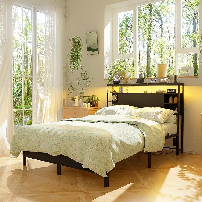 Unikito Full Size Headboard with Storage, Headboard with Outlets and RGB LED Light, Sturdy Head Boards for Full Size Bed, Stable Head Board Only for Bedroom, Dorm Room, Guest Room, Black