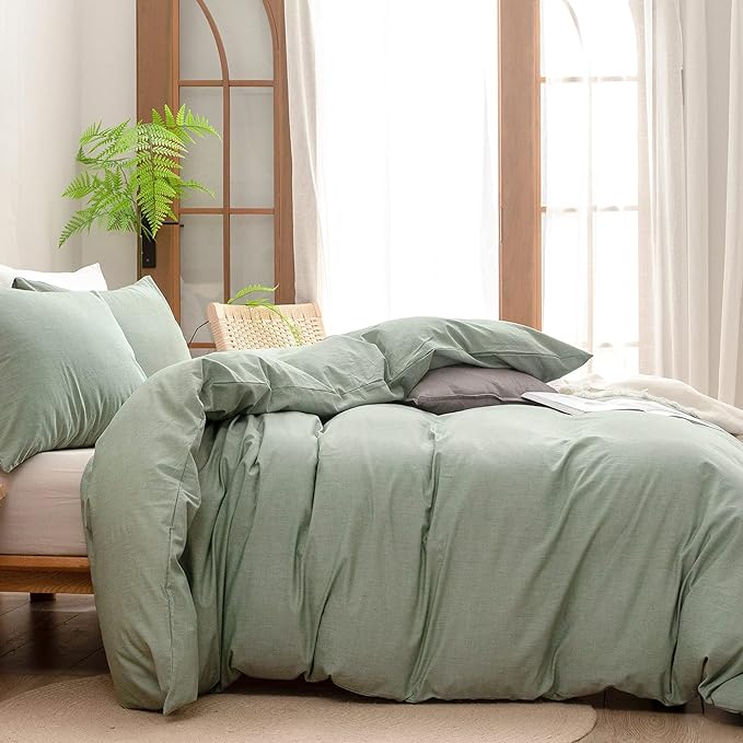 BESTOUCH Cotton Solid Duvet Cover Set Linen Feel Green Oversized King | 100% Washed Cotton, Soft Wrinkle Texture, Hidden Zipper, 8 Ties, Breathable Lightweight Durable Comfy, 3 Pcs No Insert