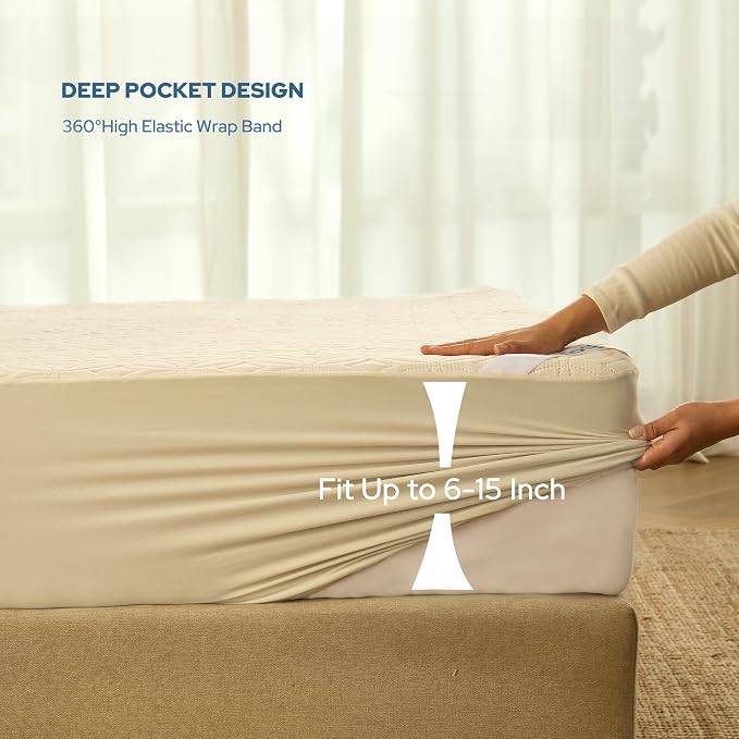 BEDLORE Waterproof Mattress Protector, Full Size Mattress Pad | Deep Pockets Fit 6"-15" Mattresses, Soft Dirt-proof Double Bed Mattress Cover for Bedroom, College Dorm, Hotel (Beige)