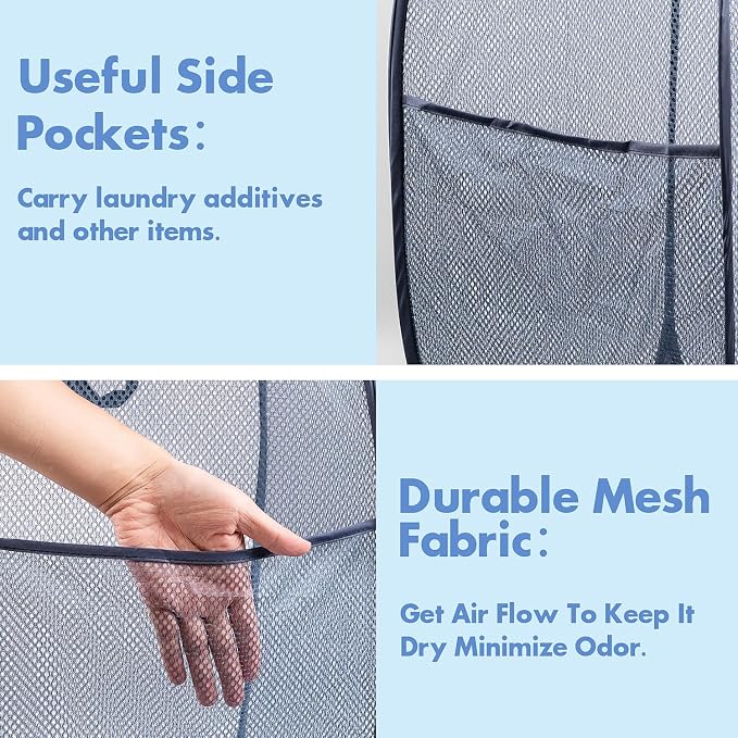 2 Pack Pop Up Laundry Hampers, 70 L Collapsible Foldable Mesh Basket, Blue | Reinforced handles, breathable fabric, foldable, portable for dorm college travel camping cruise, dirty clothes, toys storage