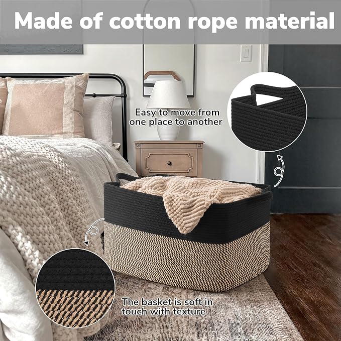Goodpick 75L Extra Large Woven Blanket Basket, 22" x 17" x 12", Black Jute | Decorative Storage Basket for Blankets, Pillows & Toys, Living Room & Bedroom Organization, Nursery & Home Decor, Rectangle