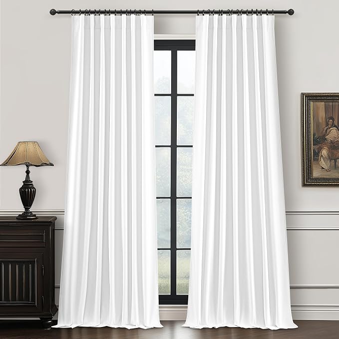 Brilliant White Linen Textured Blackout Curtains 108 Inches Long for Bedroom 2 Panels, Luxury Floor to Ceiling Pleated Drapes for Sliding Glass Doors Thermal Insulated Windows Curtains Rod Pocket