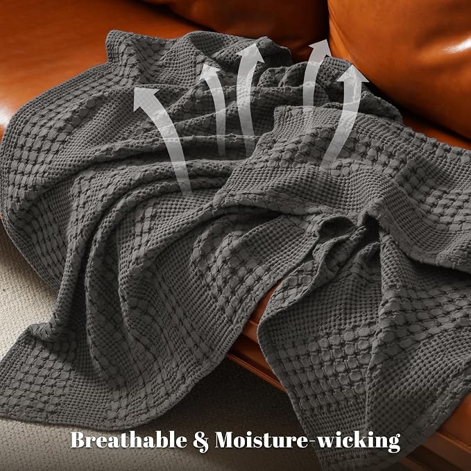 PHF Lightweight 100% Cotton Waffle Blanket for Bed, Twin XL, Charcoal Grey | Pre-Washed Soft Cotton Comfort, Breathable Layering Warmth for Fall & Winter, Couch & Guest Room, Couch, Home Decor & Gifts