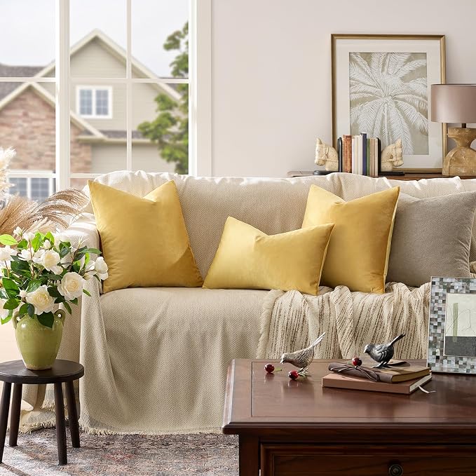 GIGIZAZA Yellow Velvet Pillow Covers 24x24 Decorative Pillows Pack of 2 | Throw Pillows for Couch Sofa,280gsm Soft Textured Fabric,Modern Square Pillowcases,Luxury Cushion Covers