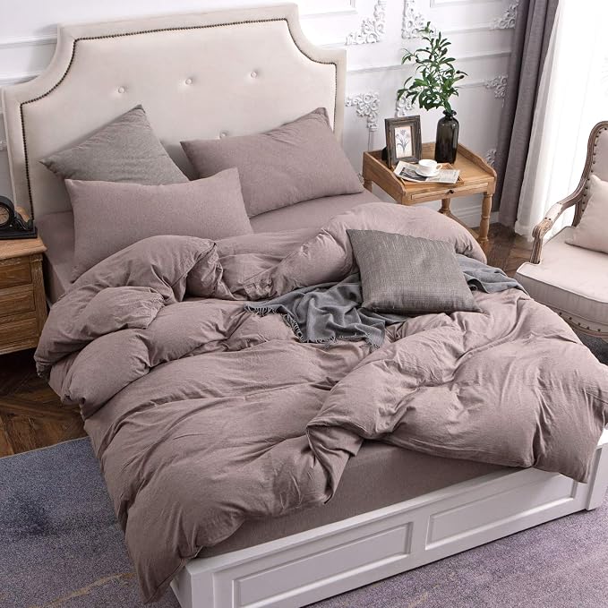 PURE ERA Jersey Knit Sheet Set Heather Brown Queen | 100% Cotton, 3 Piece Set, T Shirt Soft, Breathable, Envelope Closure Pillowcases, Hidden Zipper, 8 Ties, No Insert, Modern
