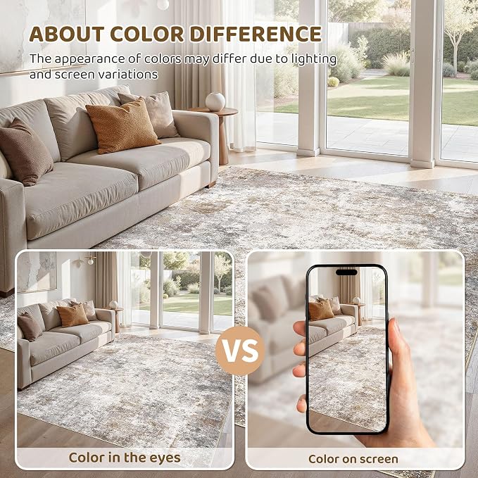 UERMEI 5x8 Area Rug Living Room Rugs Washable Neutral Brown Grey Carpet | Modern Abstract Non-Slip Soft Low Pile Floor Rugs for Bedroom Dining Room Home Office Indoor Decor