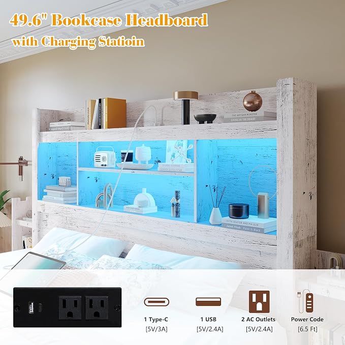 LUXOAK King Bed Frame with Storage, Bookcase Headboard, Distressed White | 49.6" Headboard, Wood Platform Bed, Charging Station, Bedside Storage, 4 Storage Drawers, No Box Spring Needed, Farmhouse