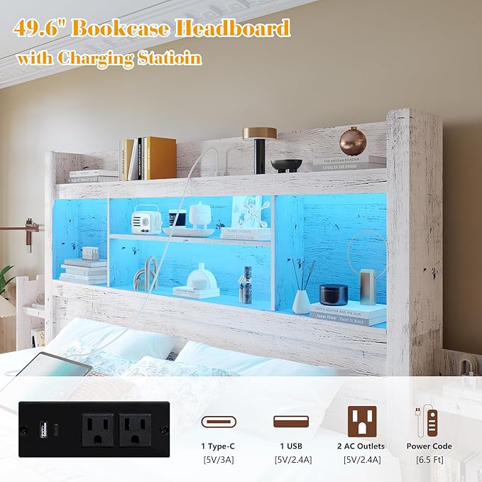 LUXOAK Queen Bed Frame with Storage, Bookcase Headboard, Distressed White | 49.6" Headboard, Wood Platform Bed, Charging Station, Bedside Storage, 4 Storage Drawers, No Box Spring Needed, Farmhouse