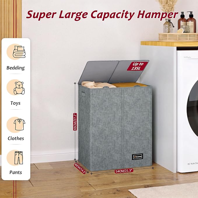 135L Laundry Hamper 2 Section, Large Laundry Hamper with Lid, Dirty Clothes Hamper with 2 Removable Inner Bags, Collapsible Laundry Basket Organizer for for Clothes Toys Towels, Hamper 2 Compartment