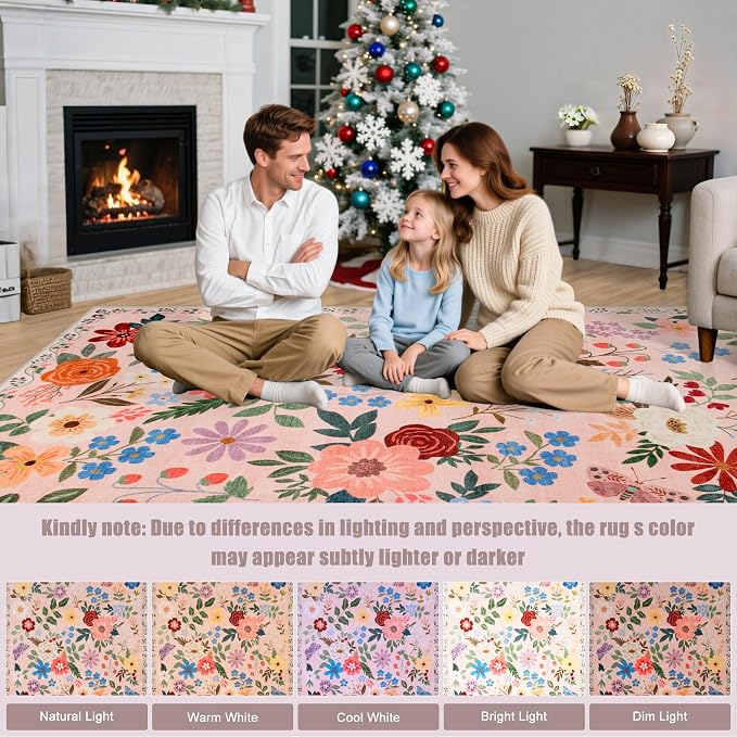 PLHXFR 8x10 Area Rug Living Room: Floral Washable Boho Soft Carpet Beige | For Bedroom Dining Room Farmhouse Nursery Hallway,Vintage Floral,Machine washable,Non Slip,Stain Resistant,Large Indoor