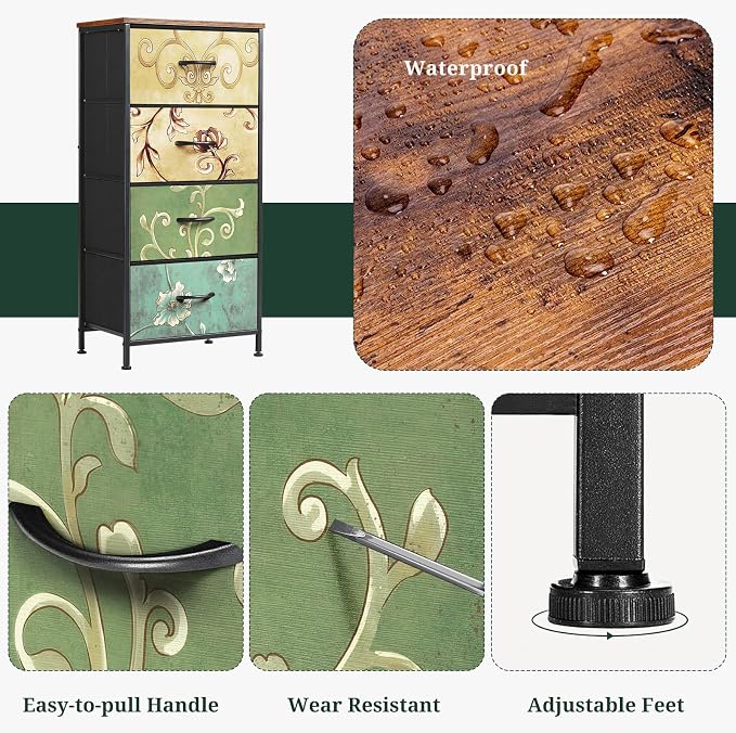 4 Drawers Dresser for Bedroom Fabric Storage Tower with Wooden Top | Steel Frame Tall Chest of Drawers for Closet, Entryway, Dorm, Floral Painted
