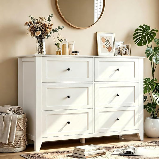 Garvee White 6-Drawer Dresser for Bedroom, 41.7" L Entryway Storage Drawers | Modern Lacquered Chest of Drawers, 15.8"D x 41.7"W x 31.5"H, Storage Dresser with Deep Drawers for Hallway Entryway