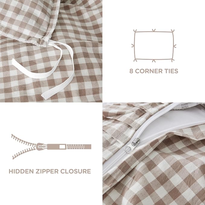 ATsense Tan Gingham Ruffle Duvet Cover Bedding Set Cotton Like Linen, Queen | 100% Washed Cotton Linen-Like Feel Soft, Breathable & Comfy. Fall Vintage Farmhouse Decor, Zipper & 8 Ties. 3 Pcs, No Insert