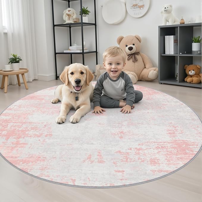 Round Area Rug Living Room: 4 ft Modern Washable Indoor Carpet | For Bedroom Dining Room Farmhouse Nursery Hallway Office,Modern Abstract,Machine washable,Non-Slip,Stain Resistant,Indoor