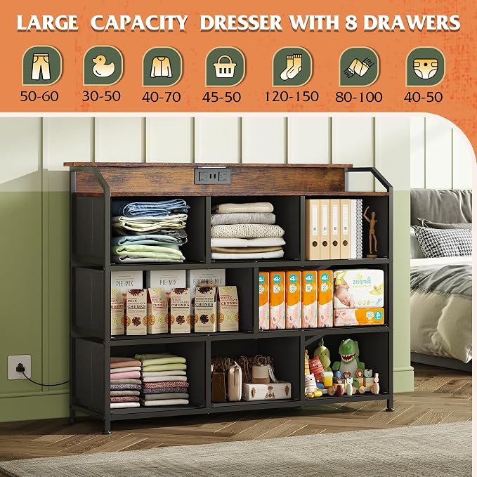 WLIVE Dresser for Bedroom, 8 Drawer LED Dresser with Outlet, Floral | 8 roomy fabric drawers, LED ambient lighting, Built-in power outlet, Bedroom or living room, Chest of drawers