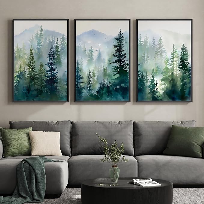 Large Framed Green Forest Landscape Living Room Wall Art, 3 Piece, 24x36 In | Nature, Scenic, Pine tree, Foggy, Watercolor, Modern, Bedroom decor, Dining room, Hallway, Home office, Canvas artwork