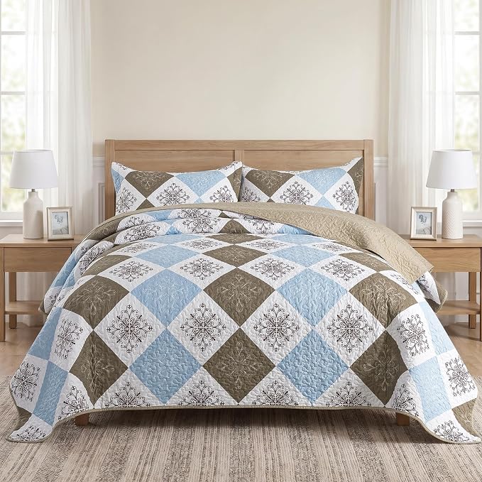 Quilt Set King Size, Bedspread Sets Dusty Blue Floral, Quilt Bedding Set Lightweight and Breathable for All Seasons, Soft Quilted Bedspread with 2 Pillow Shams