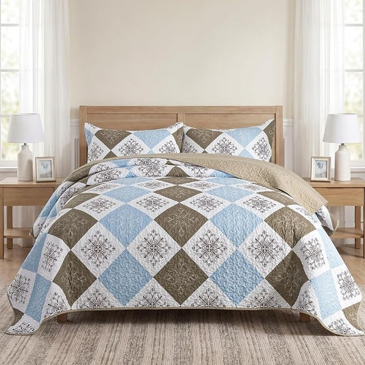 Quilt Set Queen Size, Bedspread Sets Dusty Blue Floral, Quilt Bedding Set Lightweight and Breathable for All Seasons, Soft Quilted Bedspread with 2 Pillow Shams
