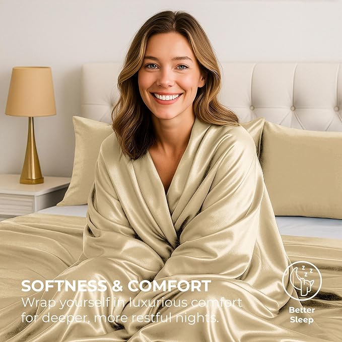 Satin Sheets Queen [4-Piece, Ivory] Hotel Luxury Silky Bed Sheets - Extra Soft 1800 Microfiber Sheet Set, Wrinkle, Fade, Stain Resistant - Deep Pocket Fitted Sheet, Flat Sheet, Pillow Cases