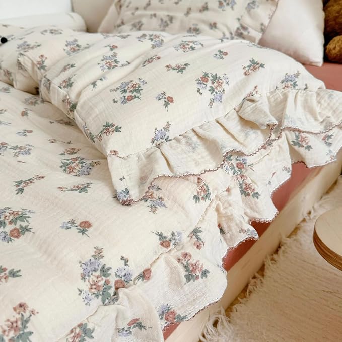 Muslin Floral Duvet Cover for Toddler Girls, Chic Shabby Aesthetic Kids Duvet Covers with Ruffles, All Seasons Gauze Cotton Toddler Bed Comforter Cover with Zipper, 47"x59", No Pillowcases