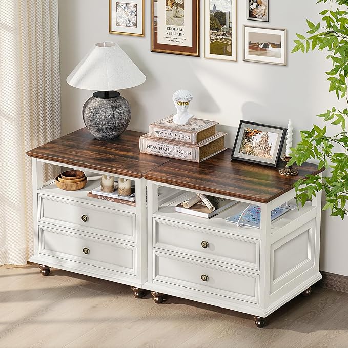 Joaxswe Farmhouse Nightstand Set of 2 with Charging Station, 24" Wide End Table with 2 Drawers,Dresser for Bedroom,Bed Side Table Chest of Drawers Cabinet,Wood White Night Stand for Living Room