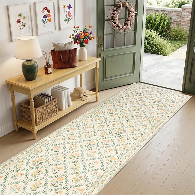 PLHXFR 2.6x10 Washable Runner Rug：Floral Indoor Kitchen Carpet Beige Multi | For Hallway Bedroom Kitchen Laundry Bathroom Dorm,Vintage Floral,Machine washable,Non Slip,Stain Resistant,Indoor Floor