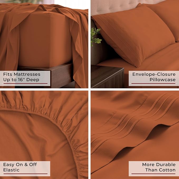 Mellanni Iconic 4-Piece, Ultra Soft Sheet Set (California King, Terracotta) | 10M+ Sleepers. Lab-tested: Sleeps Cool, Stays Bright, Strong, Smooth. Good Housekeeping Best Bedding, 7 yrs running.