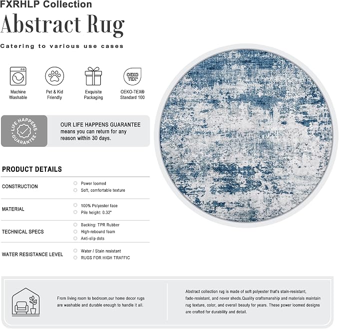 Round Area Rug Living Room: 4 ft Modern Washable Carpet Blue | For Bedroom Dining Room Farmhouse Nursery Hallway Office,Modern Abstract,Machine washable,Non-Slip,Stain Resistant,Indoor
