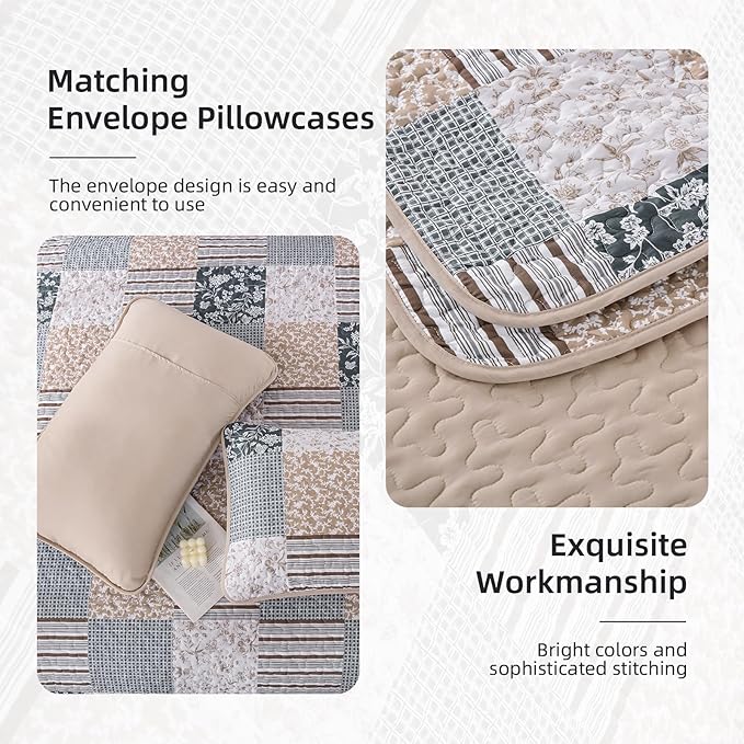 Mybedsoul Boho Quilt King Size, Patchwork Bedding Set, Blue Brown | Soft Lightweight Microfiber Floral Coverlet Set, 3 Pieces Plaid Bedspread, Bed Sets for All Seasons 90"x110"