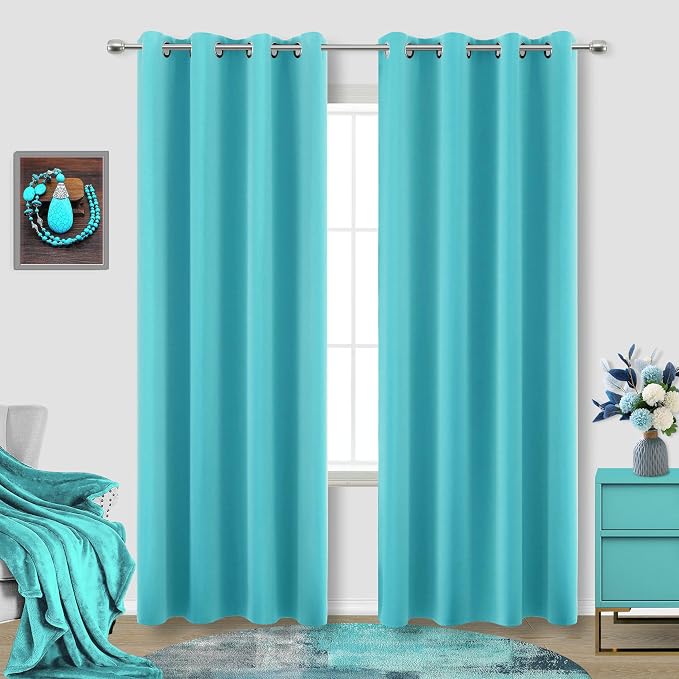 Turquoise Window Curtain Panels for Living Room Set 84 Inch Length 2 Pieces Grommet Drapes Insulated Light Blocking Room Darkening Double Blackout Thermal Curtains for Bedroom 52x84 Inches Long