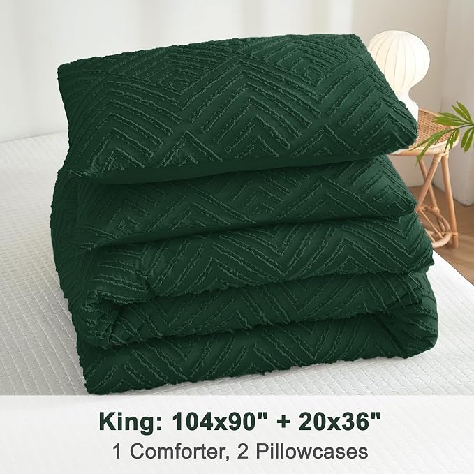 Litanika King Size Comforter Set, 3 Pieces Emerald Tufted Boho Bedding Set | Green Farmhouse Shabby Chic Vintage Bohemian Textured Aesthetic Soft Fluffy Lightweight Breathable All Season Bed Set