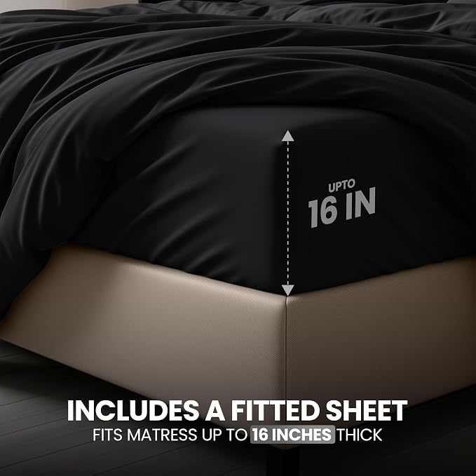 Utopia Bedding 4 Piece Bedding Set - 1 Fitted Sheet (60x80), 1 Duvet Cover Queen Size, 2 Pillow Case Standard - All Season Luxury Bed in a Bag with Zippered Queen Duvet Cover - No Comforter (Black)