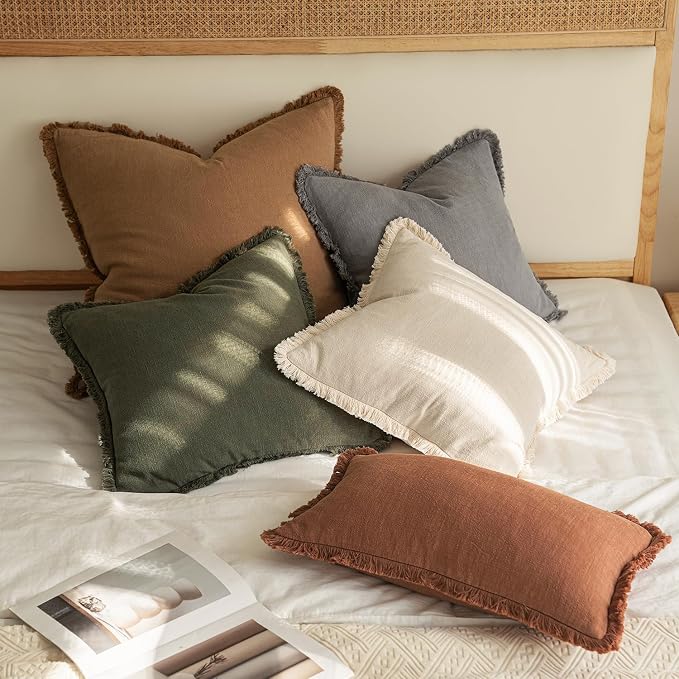 MIULEE Boho Linen Fringe Decorative Throw Pillow Covers Olive Green 20x20 | Set of 2, Cottagecore Decor, Boho Farmhouse Neutral Pillow Covers, Rustic Couch Cushion Cases for Sofa Bed Living Room