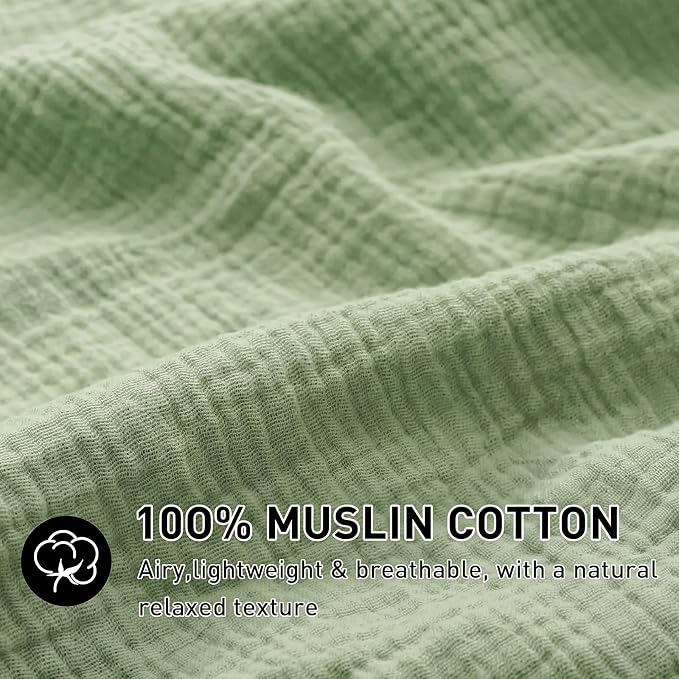 EMME Muslin Cotton Duvet Cover Set King Size Linen Like Soft Breathable Lightweight Summer Comforter Cover Set with Zipper Closure (Sage Green, King)