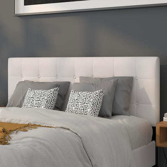 EMMA + OLIVER White Queen Button Tufted Headboard | Adjustable Bed Rail Slots, Vinyl Upholstered