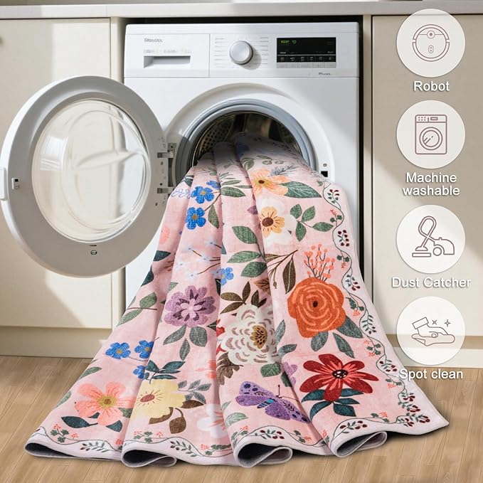 PLHXFR 2.6x8 Washable Runner Rug：Floral Indoor Kitchen Soft Carpet Beige | For Hallway Bedroom Kitchen Laundry Bathroom Dorm,Vintage Floral,Machine washable,Non Slip,Stain Resistant,Indoor Floor