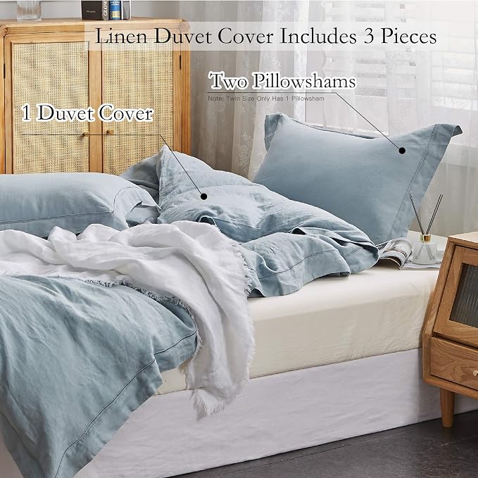 Simple&Opulence 100% French Linen Duvet Cover Set with Embroidered,3 Pcs Washed Soft Farmhouse Bedding Set with Button Closure,1 Comforter Cover and 2 Pillowshams(King,Dusty Blue)