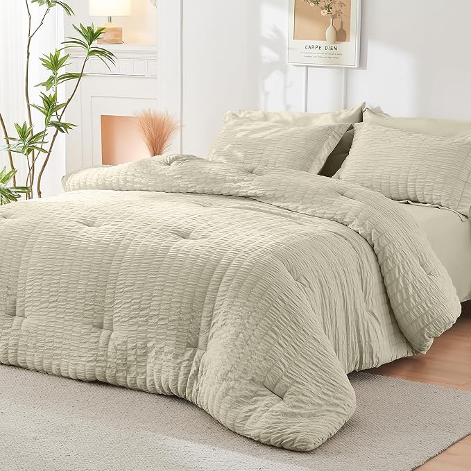 HYMOKEGE Light Linen King Size Comforter Set Seersucker 7 Pieces, All Season Luxury Bed in a Bag for Bedroom, Bedding Set with Comforter, Sheets, Pillowcases & Shams