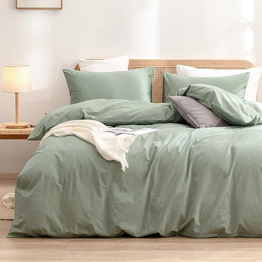 BESTOUCH Cotton Solid Duvet Cover Set Linen Feel Green King | 100% Washed Cotton, Soft Wrinkle Texture, Hidden Zipper, 8 Ties, Breathable Lightweight Durable Comfy, 3 Pcs No Insert