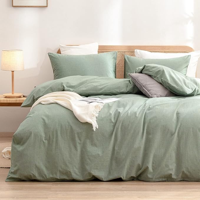 BESTOUCH Cotton Solid Duvet Cover Set Linen Feel Green Oversized King | 100% Washed Cotton, Soft Wrinkle Texture, Hidden Zipper, 8 Ties, Breathable Lightweight Durable Comfy, 3 Pcs No Insert