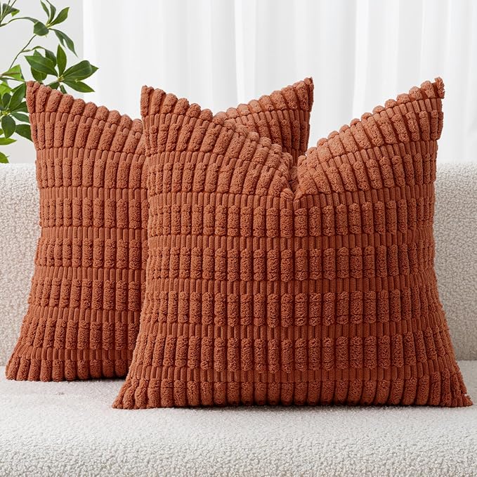 MIULEE Fall Euro Sham Corduroy Decorative Throw Pillow Covers 22x22 Rust | Terracotta Pack of 2 Soft Boho Striped Pillow Covers Modern Farmhouse Autumn Home Decor For Sofa Living Room Couch Bed