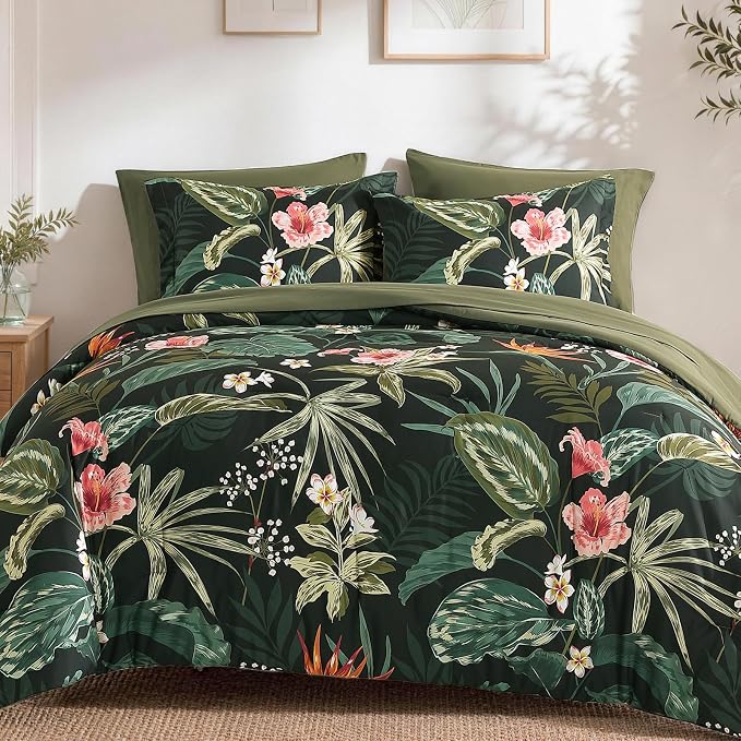 Queen Comforter Set - 7 Pieces Soft Floral Bed in a Bag Queen Bedding Sets | Dark Green Botanical Flowers Comforter Set with Sheets, Pillowcases & Shams for All Seasons