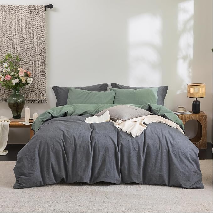 BDEAR 3Pcs Duvet Cover Set King Size 104" Wx90 L,Heathered Green and Grey | 100% Washed Cotton, 1 Duvet Cover with 2 Pillowcases, Zipper Closure, OEKO TEX Standard,8 Corner Ties,Linen-Liked Texture