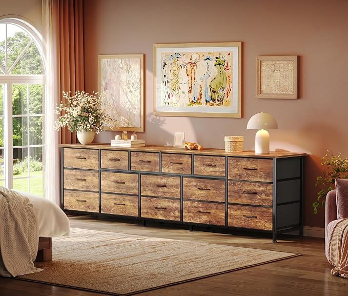 Huuger 77.6" Long Dresser for Bedroom, 16 Drawer Fabric Dresser for Closet, Wide Chest of Drawers with Storage, TV Stand for 65, 75, 85 Inch TV, 77.6" W x 13" D x 26.4" H, Rustic Brown