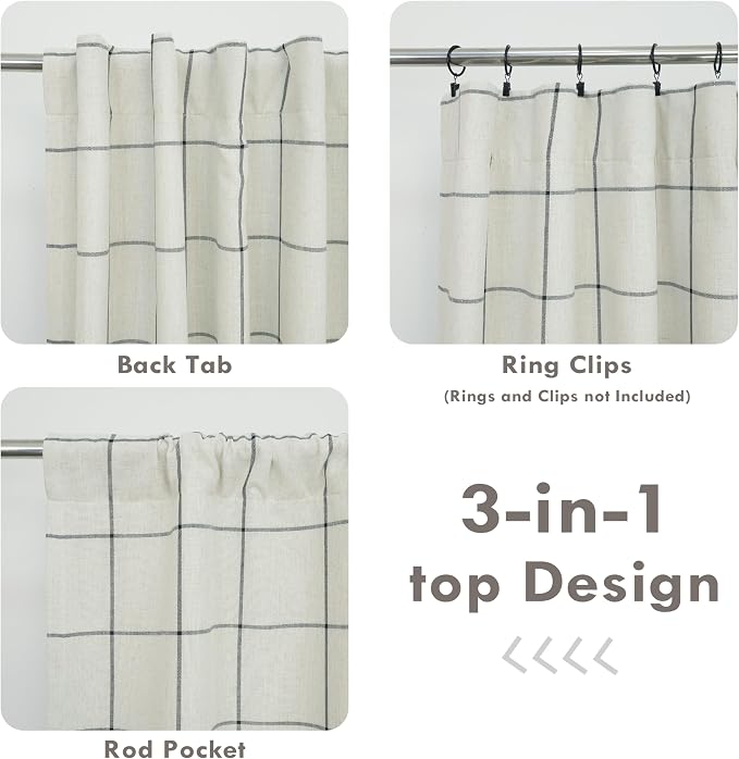 DriftAway 100% Blackout Windowpane Plaid Linen Curtains 36 Inches Black | Double Layer Farmhouse Drapes for Living Room Bedroom Yarn Dyed Woven Thermal Insulated Rod Pocket Back Tab 2 Panels