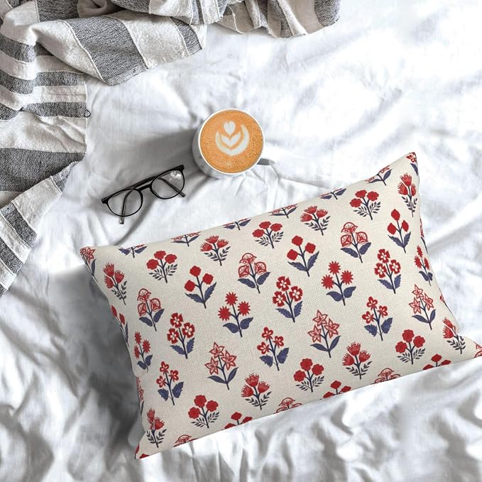 4th of July Pillow Covers 12x20 Inch 2 Pcs Red Blue Block Print Vintage Floral Patriotic Outdoor Decor Throw Pillows Memorial Day Holiday Decoration Pillowcase Linen Cushion Cover for Couch