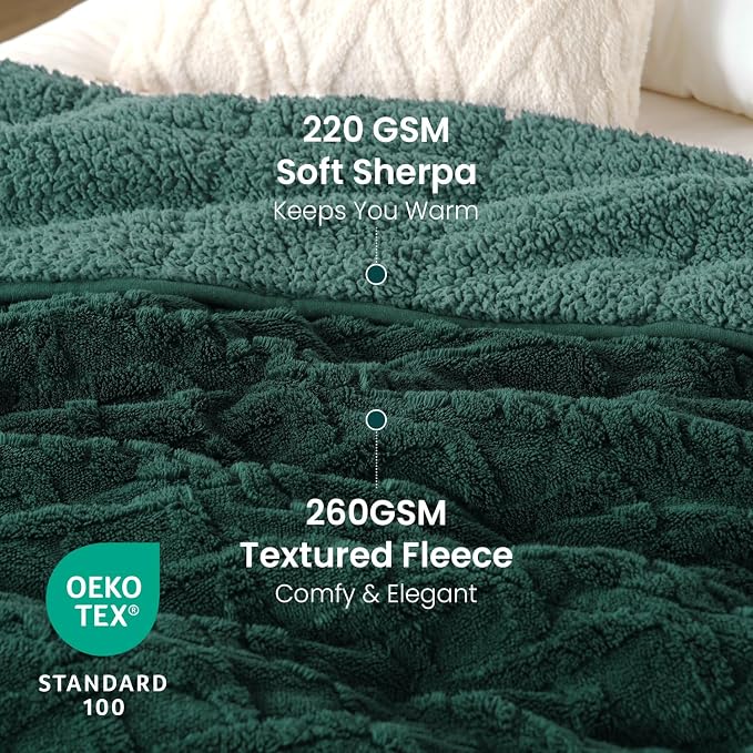 Drewin 20lbs Weighted Blanket Queen Size for Adults,Dark Green,60" x 80" | Stress Relief & Promotes Sleep,Cozy Heavy Throw Blankets,Soft Jacquard Sherpa with Glass Beads,Machine Washable