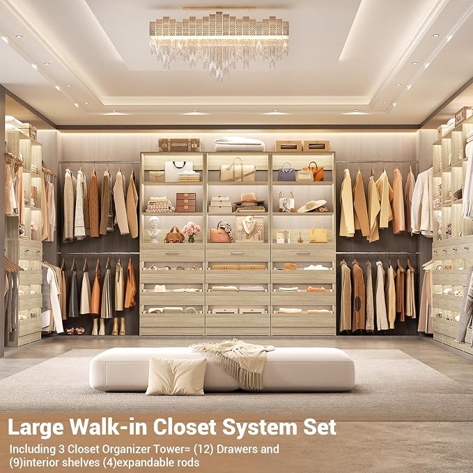 Aheaplus Closet System with 12 Drawers, 8.5-11.5Ft Wood Closet Organizer | White Oak Closet Storage with 4 Hanging Rods & 3 Towers, 4Ft & 6Ft L-Shaped Walk-in Closets Wardrobe Organizer, Set of 3