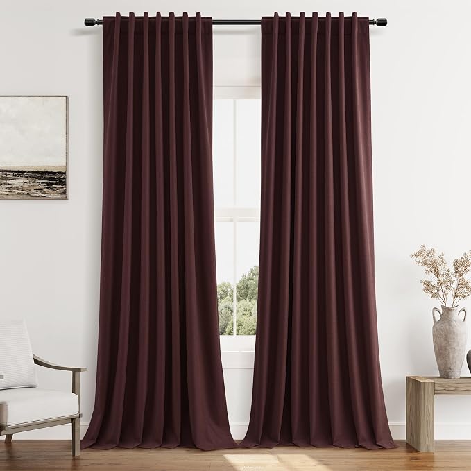 100% Blackout Curtains 84 Inch Length 2 Panels Set for Living Room Bedroom Back Tab Thermal Insulated Black Out Linen Drapes Room Darkening Reddish Brown,52x84